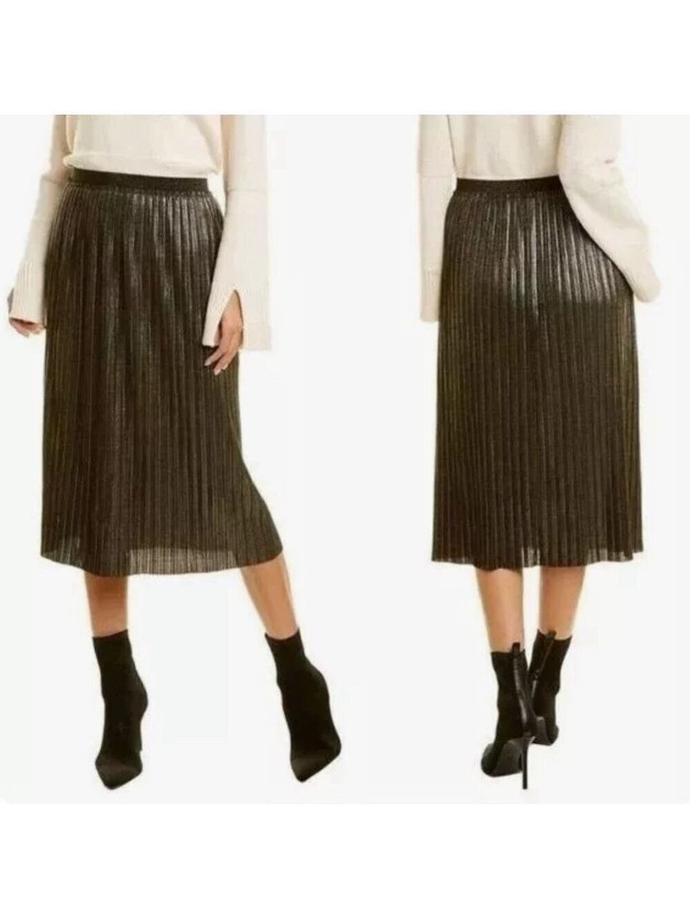 St. John Metallic Foil Pleated Skirt Black Gold Accordion Sz M